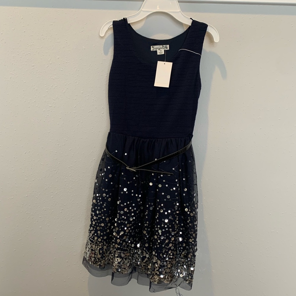 Girls Navy Sequin Tulle Dress
